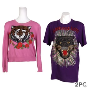 Gucci Womens Cat Embellished Tshirt & Sweater LOT