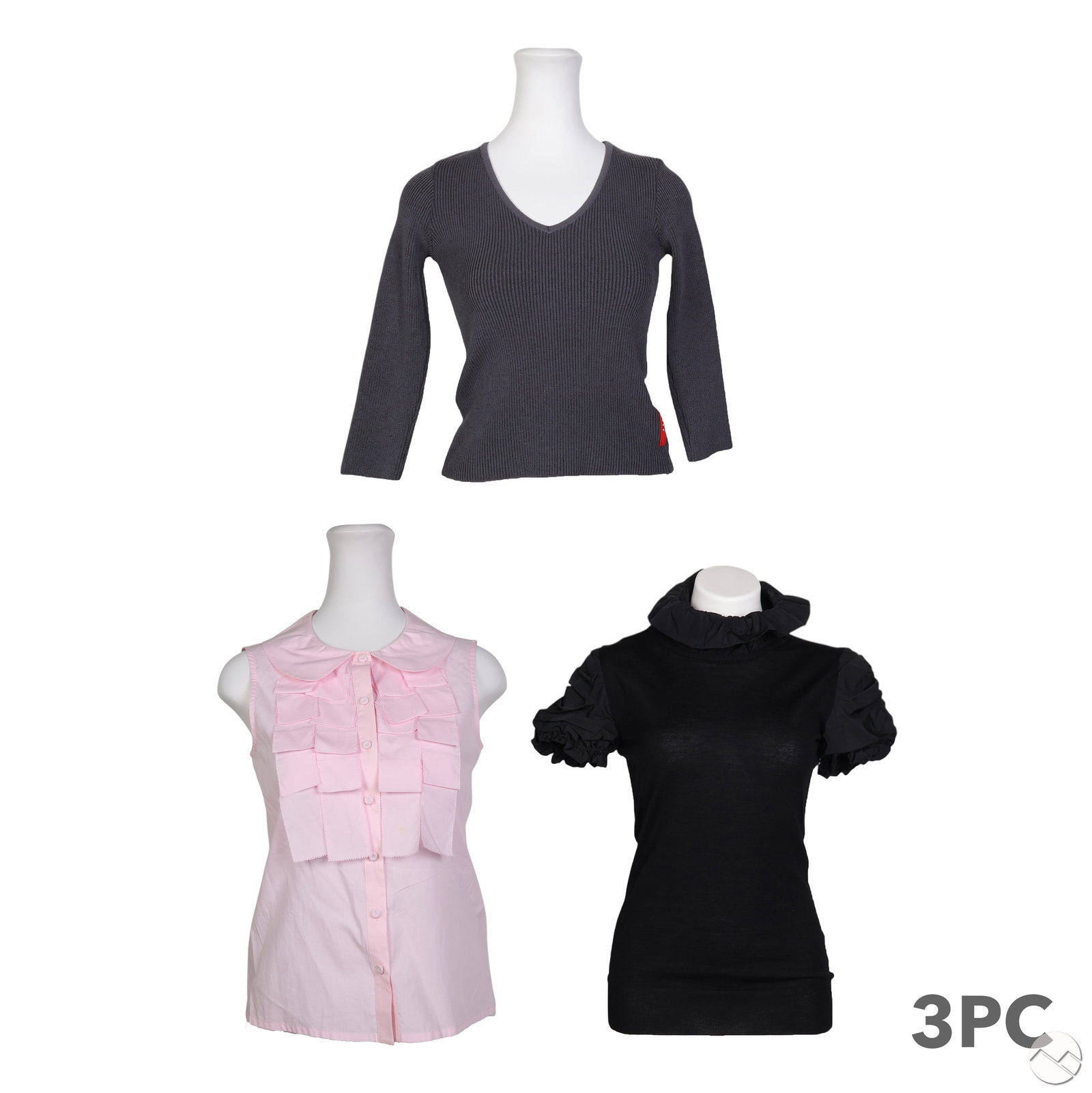 Burberry Fendi and Prada Designer Women's Tops LOT: Three piece lot of designer ladies' tops including Burberry, Fendi, and Prada. The Burberry black knit top has ruched polyester taffeta puff sleeves and a gathered collar, labeled size Medium, with a