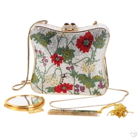 Judith Leiber Crystal Floral Minaudiere Clutch Bag