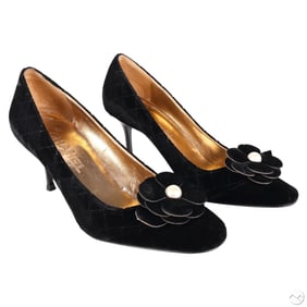 Chanel Black Velvet Camellia Pearl Heel Pumps 36