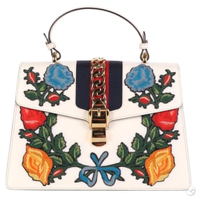 Gucci White Sylvie Rose Embroidered Top Handle Bag