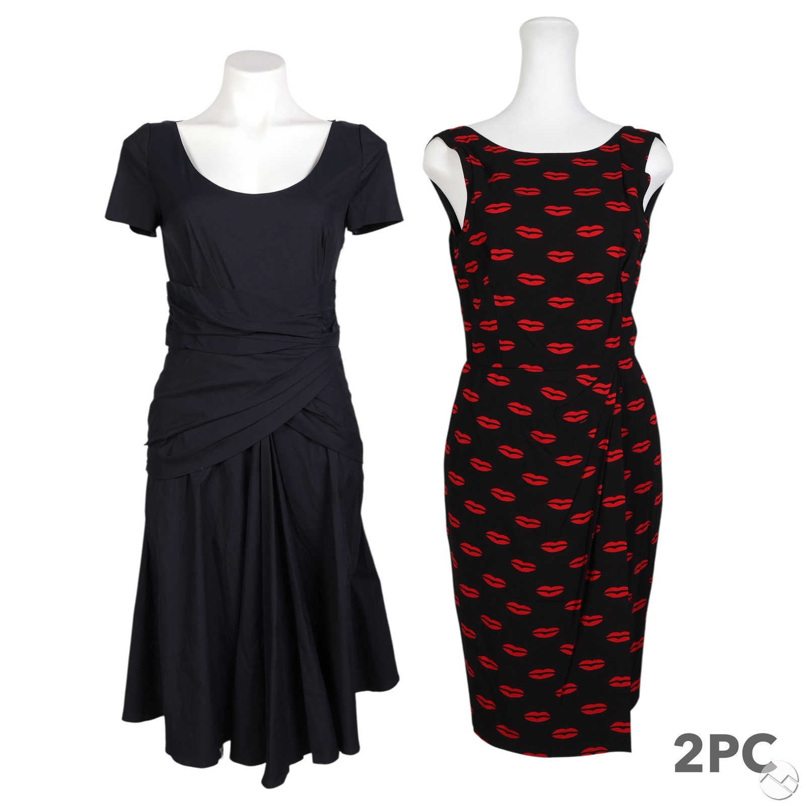 Prada Sleeveless & Short Sleeve Black Dresses 2pcs: Two piece lot of Prada designer dresses crafted in Italy with clean, structured silhouettes. The first dress is made from a viscose and elastane blend, featuring a red lips print on a black background