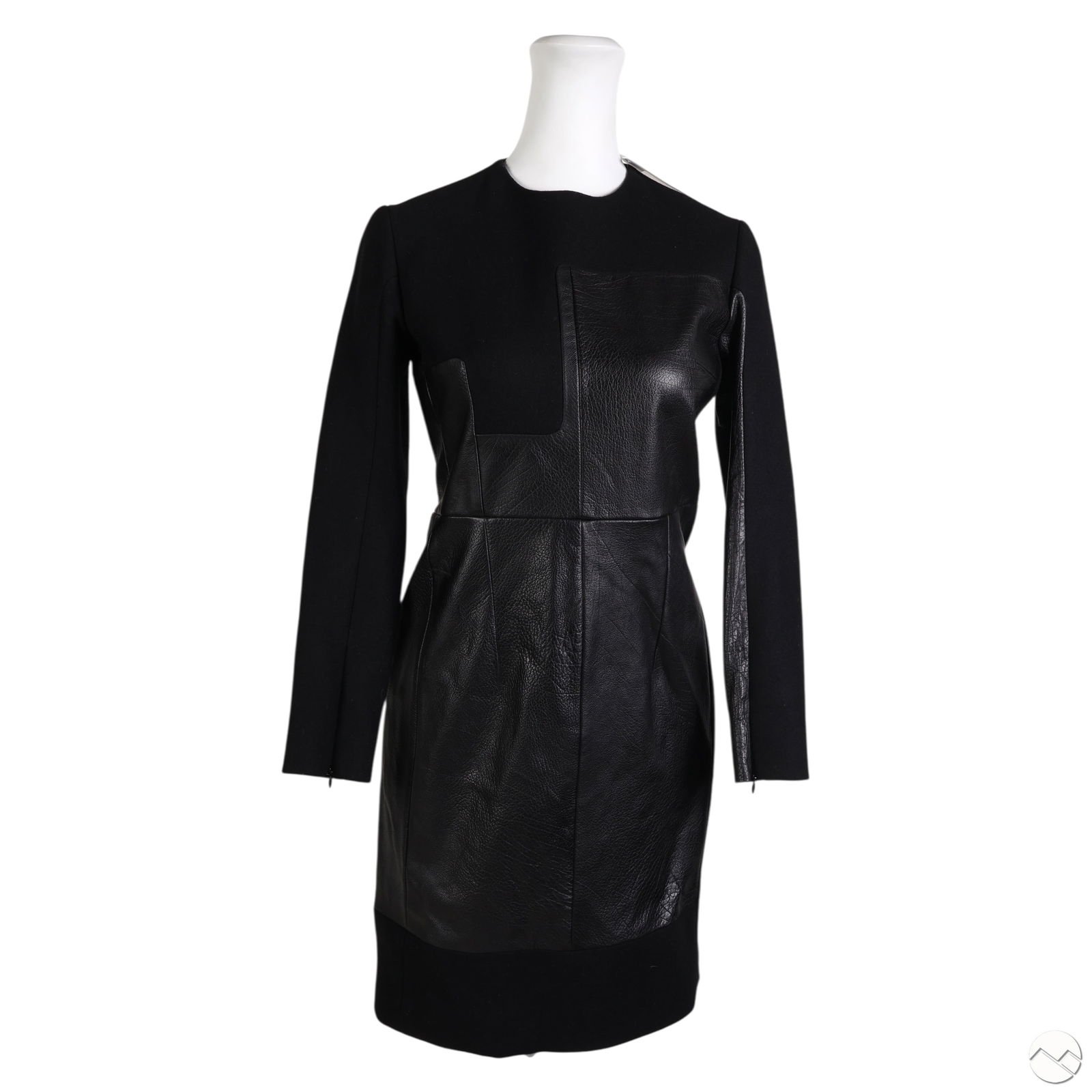 Celine Black Wool & Leather Panel Shift Dress s 38: Celine black shift dress made of wool with asymmetrical buffalo leather paneling on the front and back. Features geometric leather insets at the bodice and skirt, mirrored on the reverse. One sleeve i