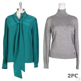 Gucci Silk Teal Blouse & Grey Wool Sweater 2pc LOT