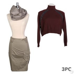 Brunello Cucinelli Scarf, Sweater & Skirt 3pc LOT