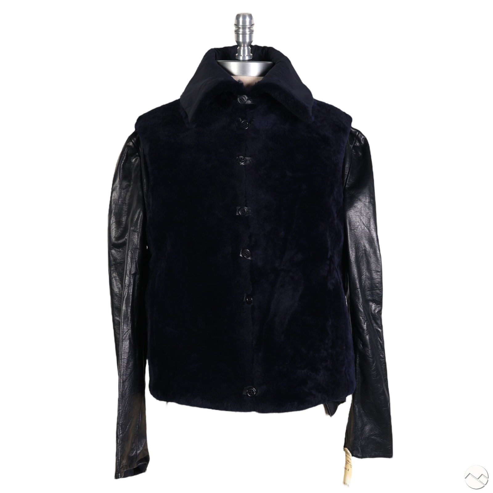 Jil Sander Navy Shearling Vest & Leather Jacket 38: Jil Sander two-piece outerwear set consisting of a sleeveless navy shearling vest and a coordinating navy lamb leather jacket. The vest features a five-button front closure, padded collar, and soft sh