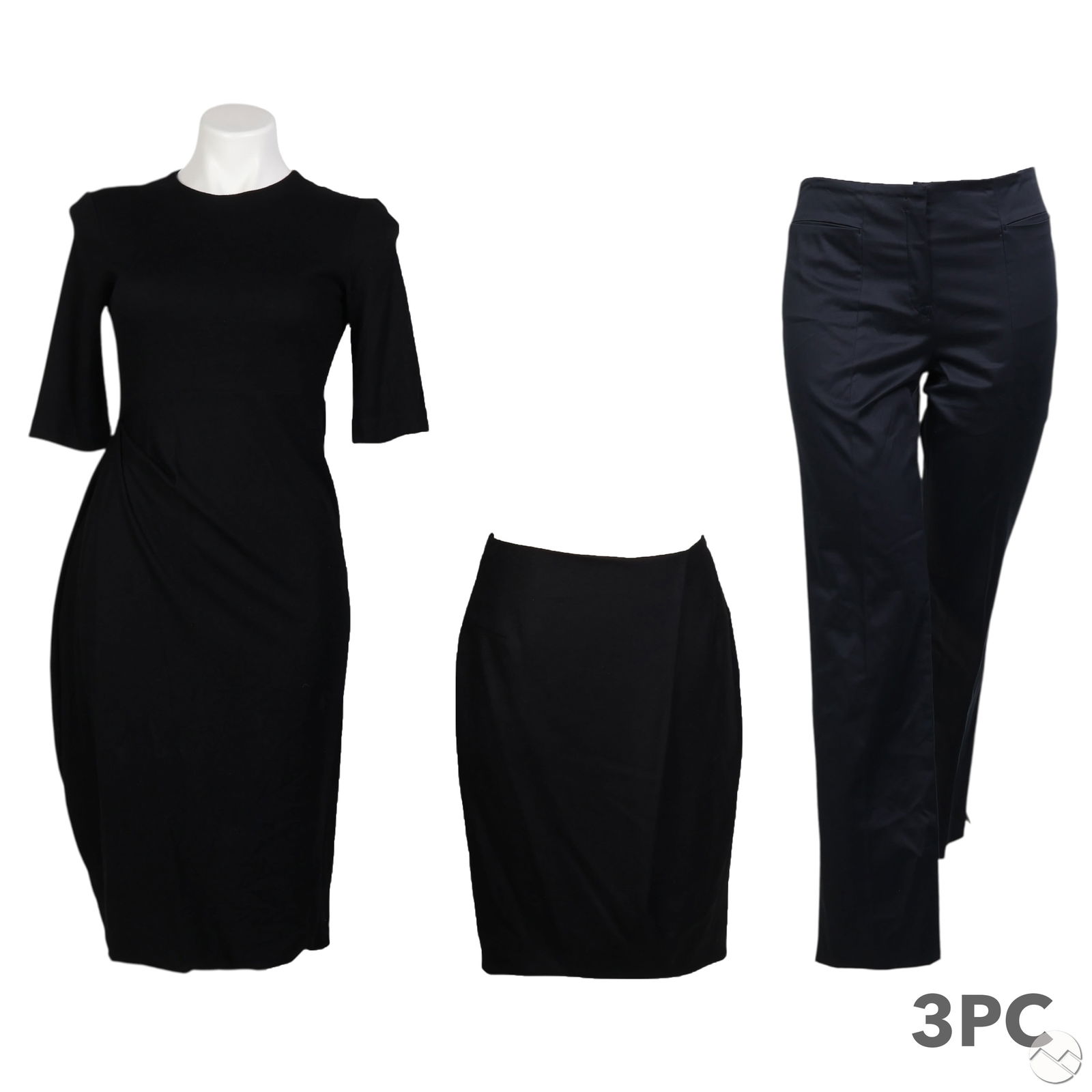 Jil Sander Cotton Trousers, Wool Dress & Skirt LOT: Three piece lot of Jil Sander women's apparel including a pair of navy trousers in a cotton blend with a tailored fit, flat front, and buttoned back pockets, labeled size 36. Approximate measurements: