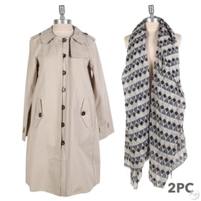 S Max Mara Trench Coat & Geometric Wool Stole LOT