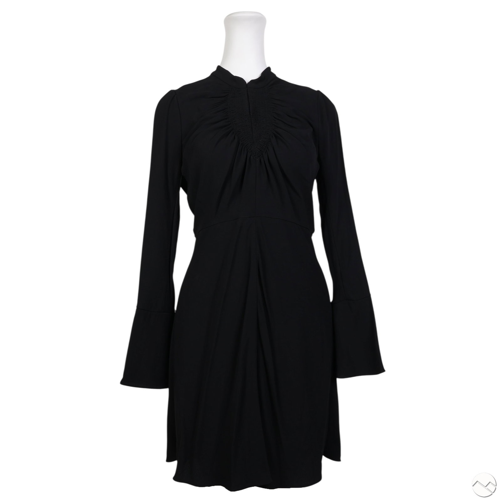 Chloe Women's V-Neck Black Long Sleeve Dress Sz 38: Chloe ladies' black long sleeve dress made in France, featuring a ruched V-neck bodice with gathered detailing, concealed back zipper, and flared cuffs with covered button accents. Crafted from a soft