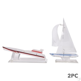 Acrylic Sail Boat and Motorboat Sculptures 2pc LOT