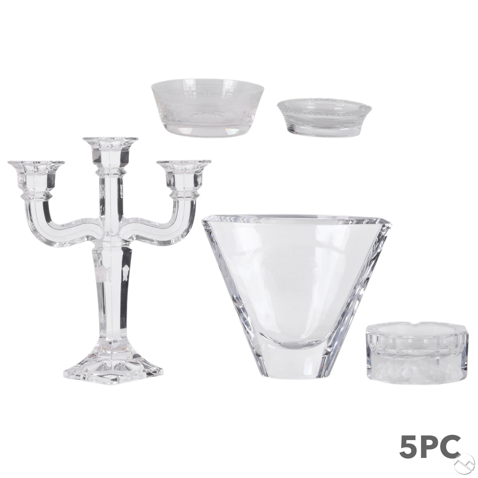 Versace Rosenthal Crystal Candelabra Vase Tray LOT: Versace by Rosenthal lot of five luxury designer crystal pieces, each featuring signature Versace motifs. Includes a Medusa-etched vase, octagonal ashtray with molded Medusa head, Greco-patterned bowl