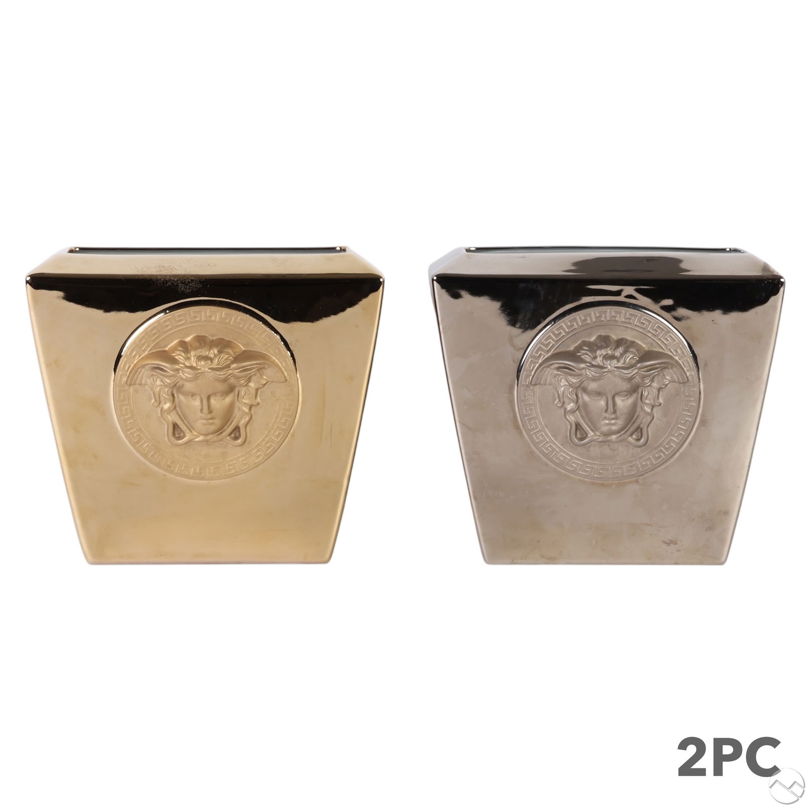 Versace Rosenthal Glazed Porcelain Medusa Vase LOT: Versace by Rosenthal lot of two porcelain table vases, each with a raised Medusa head medallion in the iconic Greco-Roman motif. One features a high-polish gold-tone glaze (Vanity), the other a silver