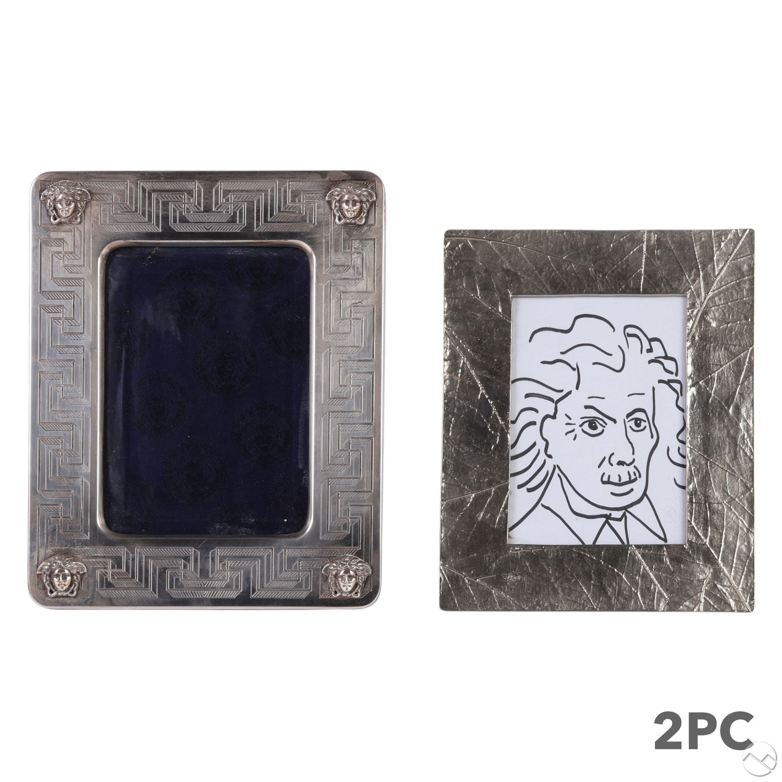Versace Sterling and Arman Plated Photo Frames LOT: Estate lot of two luxury designer picture frames. Includes a Gianni Versace sterling silver frame with Medusa medallions and Greek key border, marked "Sterling" and ".925." The second by Arman feature