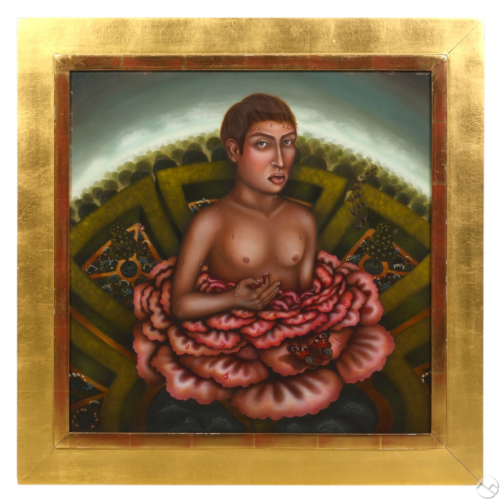 Tino Rodriguez b1965 Metamorphosis Enfant Painting: Tino Rodriguez (Mexican/American, born 1965), Metamorphosis (L’Homme-enfant), oil on wood, March 1998. Surrealist composition of an androgynous nude figure emerging from a pink flower within a lush 