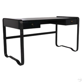 Ralph Lauren Stitched Black Leather and Wood Desk