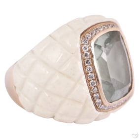 18K Gold Aquamarine Diamond Quilted Enamel Ring
