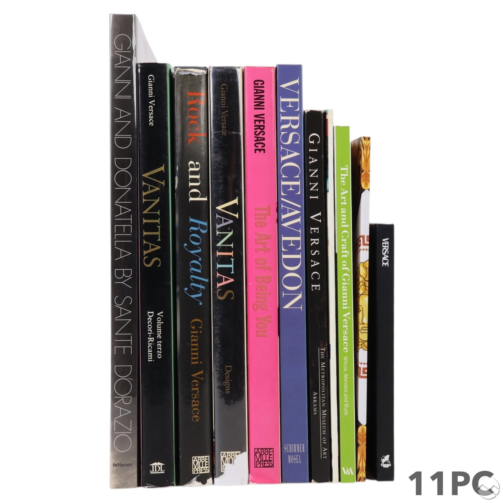 Versace Collector and Coffee Table Books 11pc LOT: Versace collection of eleven reference books and catalogs in hardcover and softcover formats. Titles include Vanitas Designs, Rock and Royalty, The Art of Being You, Versace Avedon, Gianni and Donatel