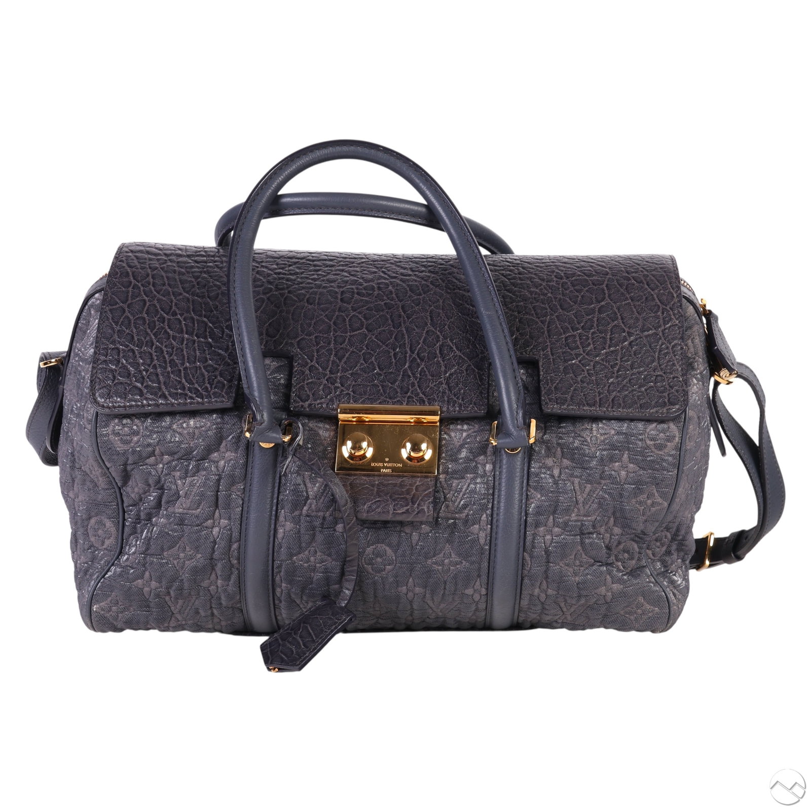Louis Vuitton LE Volupte Beaute Jacquard Handbag: Louis Vuitton Le Volupte Beauty Monogram Jacques handbag in textured grey leather with 9 inch drop rolled dual handles and an adjustable detachable shoulder strap. Structured form with front flap clos