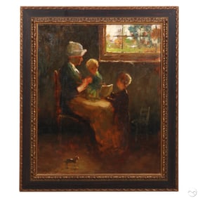 Antique Impressionist Woman and Children Painting