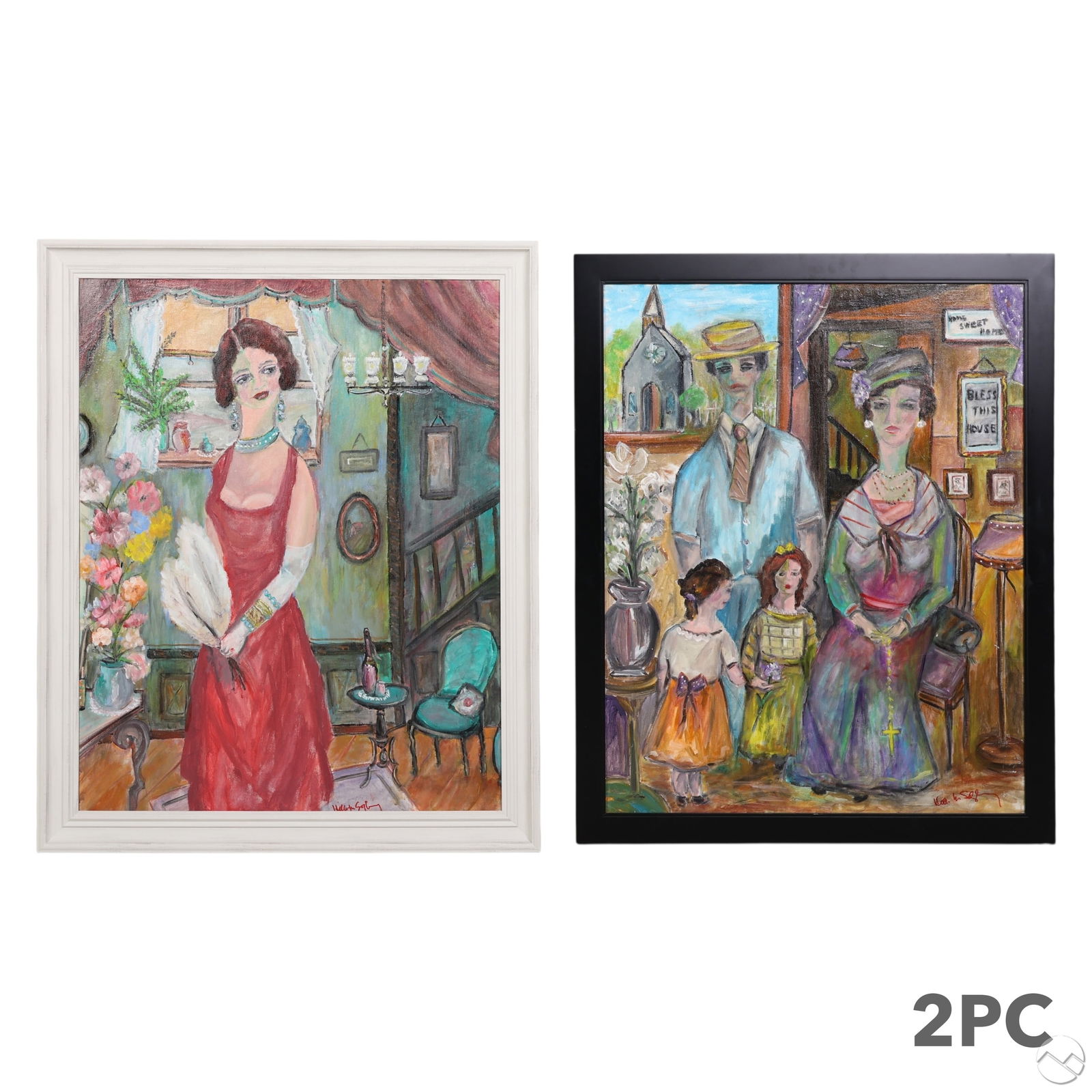 Helen Salzberg b.1923 Naive Portrait Paintings LOT: Helen Salzberg (American, born 1923), lot of two oil paintings on board. One depicts a naive style family of four in a domestic interior with wall plaques reading "Home Sweet Home" and "Bless This Hou