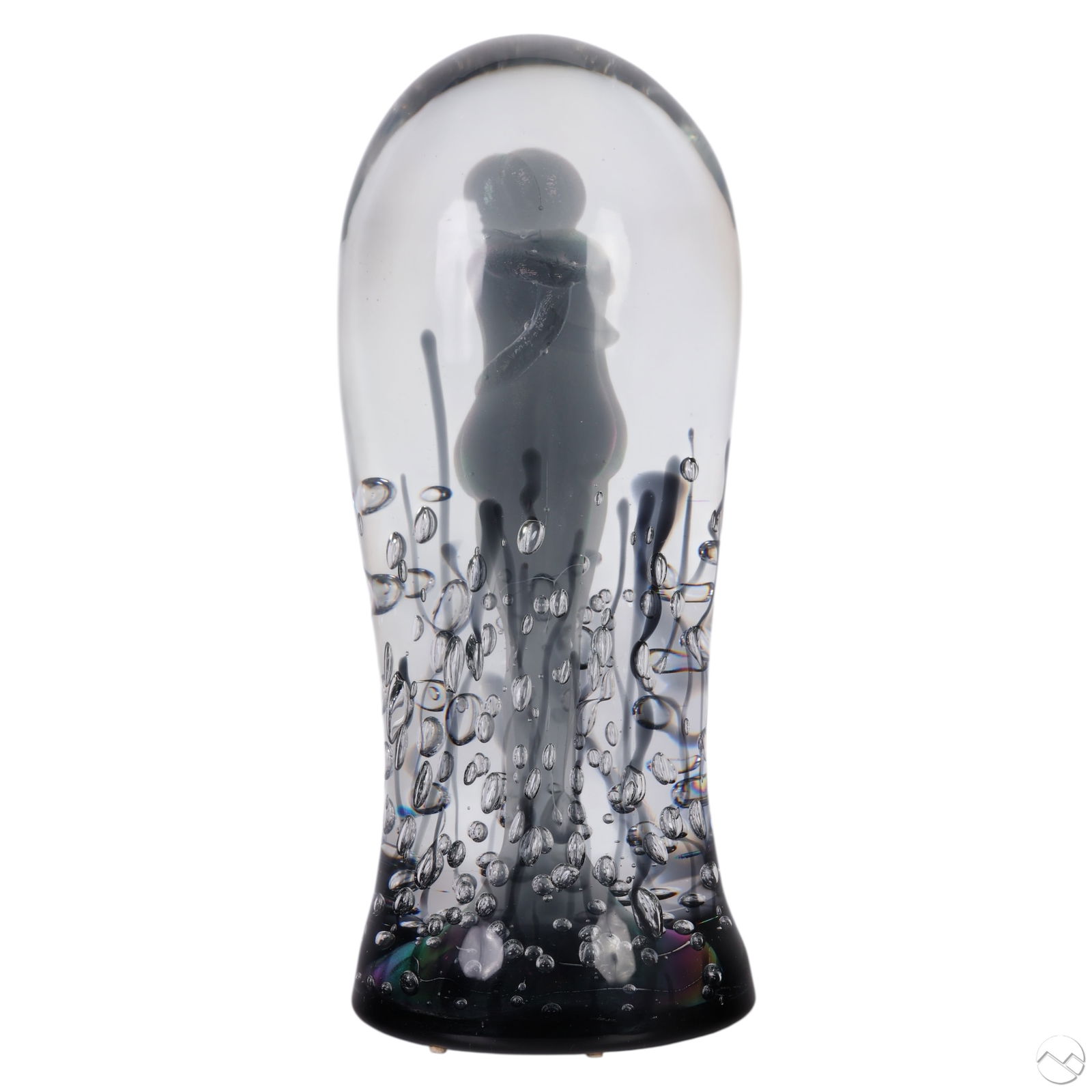 Elio Raffaeli b.1936 Murano Glass Lovers Sculpture: Elio Raffaeli (Italian, born 1936), oversized Murano art glass sculpture titled Submerged Lovers. Features two abstract iridescent figures fused within a cylindrical body of clear glass, encased with