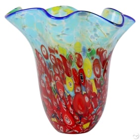 Murano Italy Millefiori Ruffled Rim Art Glass Vase