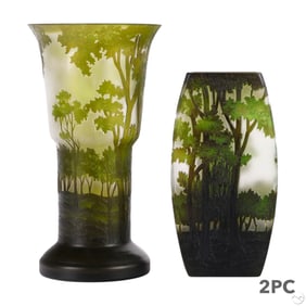 Tozai Cameo Glass Forest Landscape Vases 2pc LOT
