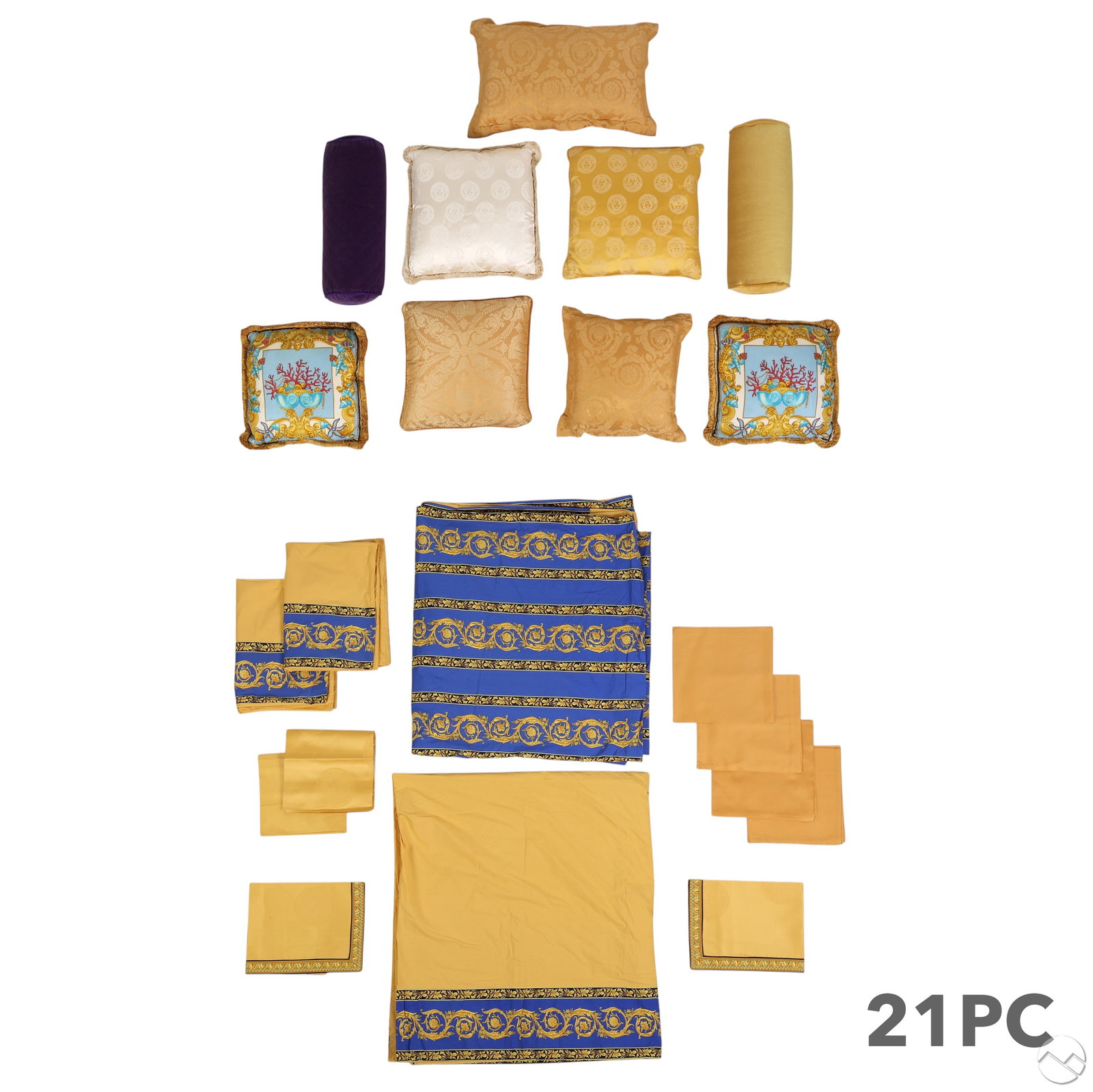 Versace Luxury Textile Bedding & Cushions 21pc LOT: Versace estate lot of twenty one luxury designer textile, bedding, and decorative pillow items featuring signature I Love Baroque and Medusa motifs in printed and woven cotton textiles. Includes six 1