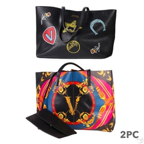 Versace Designer Leather Printed Tote Bags 2pc LOT