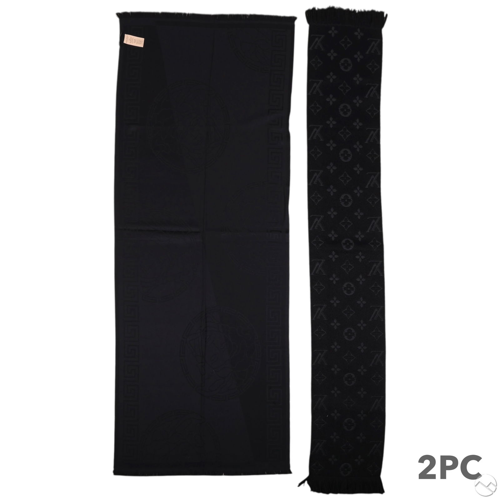 Versace and Louis Vuitton Black Luxury Scarves LOT: Lot of two designer black scarves. Includes one Gianni Versace scarf featuring a jacquard Medusa head and Greek key border pattern, made in Italy with tags, measuring approximately 28" x 70". Also inc