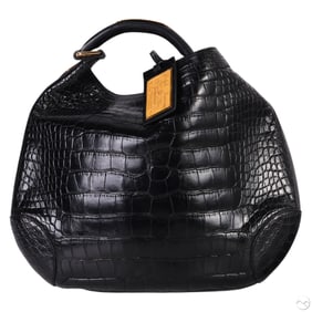 Ralph Lauren Black Crocodile Embossed Hobo Bag