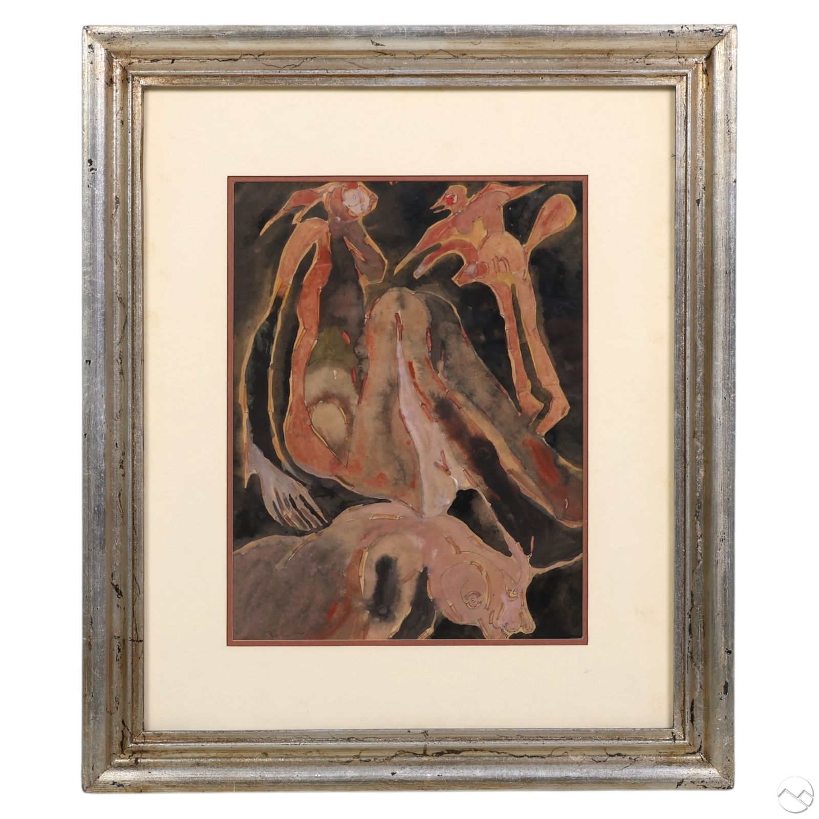 Francisco Toledo 1940-2019 Surrealist Watercolor: Francisco Benjamin Lopez Toledo (Mexican/American, 1940-2019), watercolor and ink on paper depicting surreal organic forms and fantastical creatures in motion, rendered in earthy tones. Signed lower l