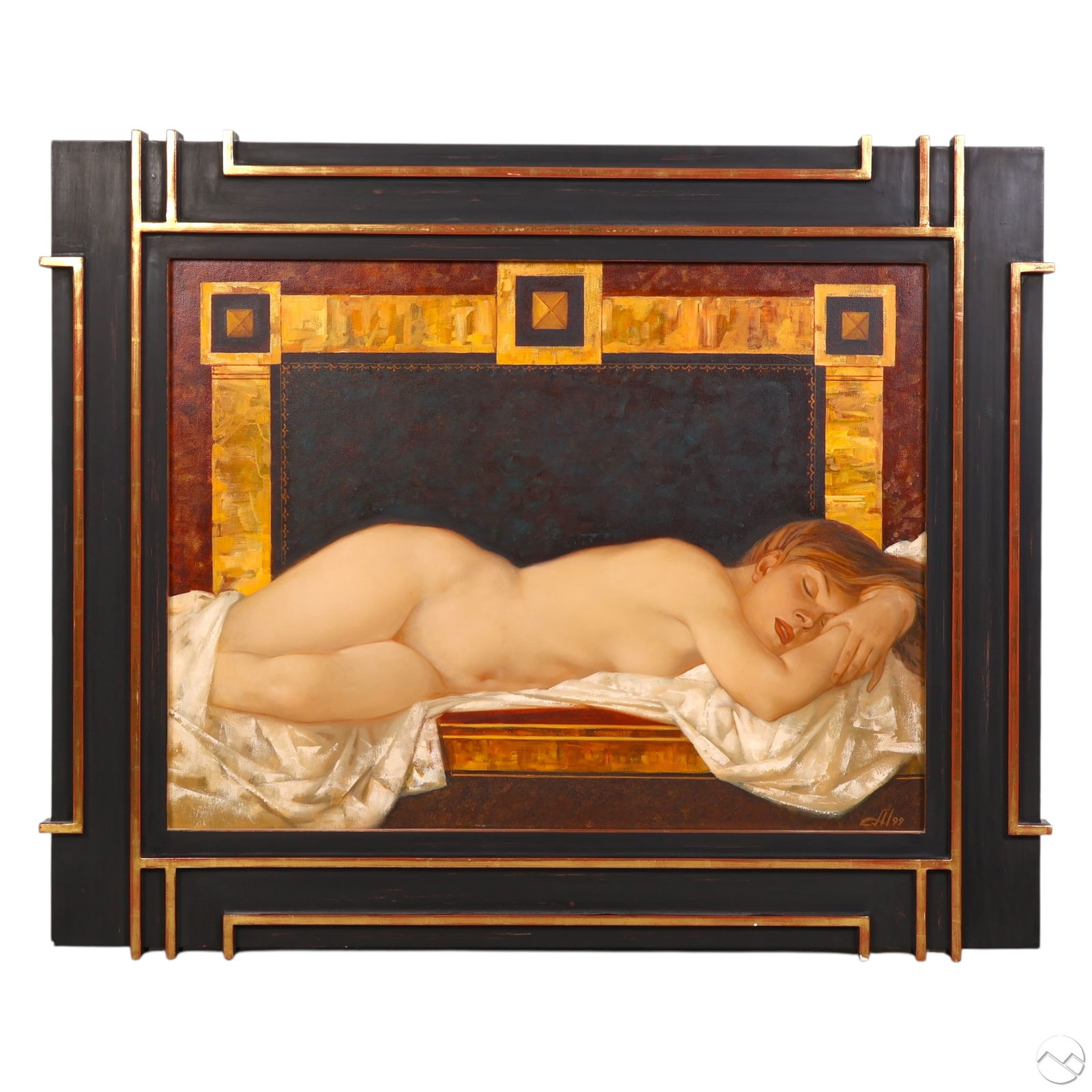 Alexander Nemakin b1959 Ethereal Nude Oil Painting: Alexander Nemakin (Azerbaijan, born 1959), oil on canvas titled Dream (1999) depicting a reclining nude female figure sleeping on draped white fabric. Presented in a geometric gold and black wood fram