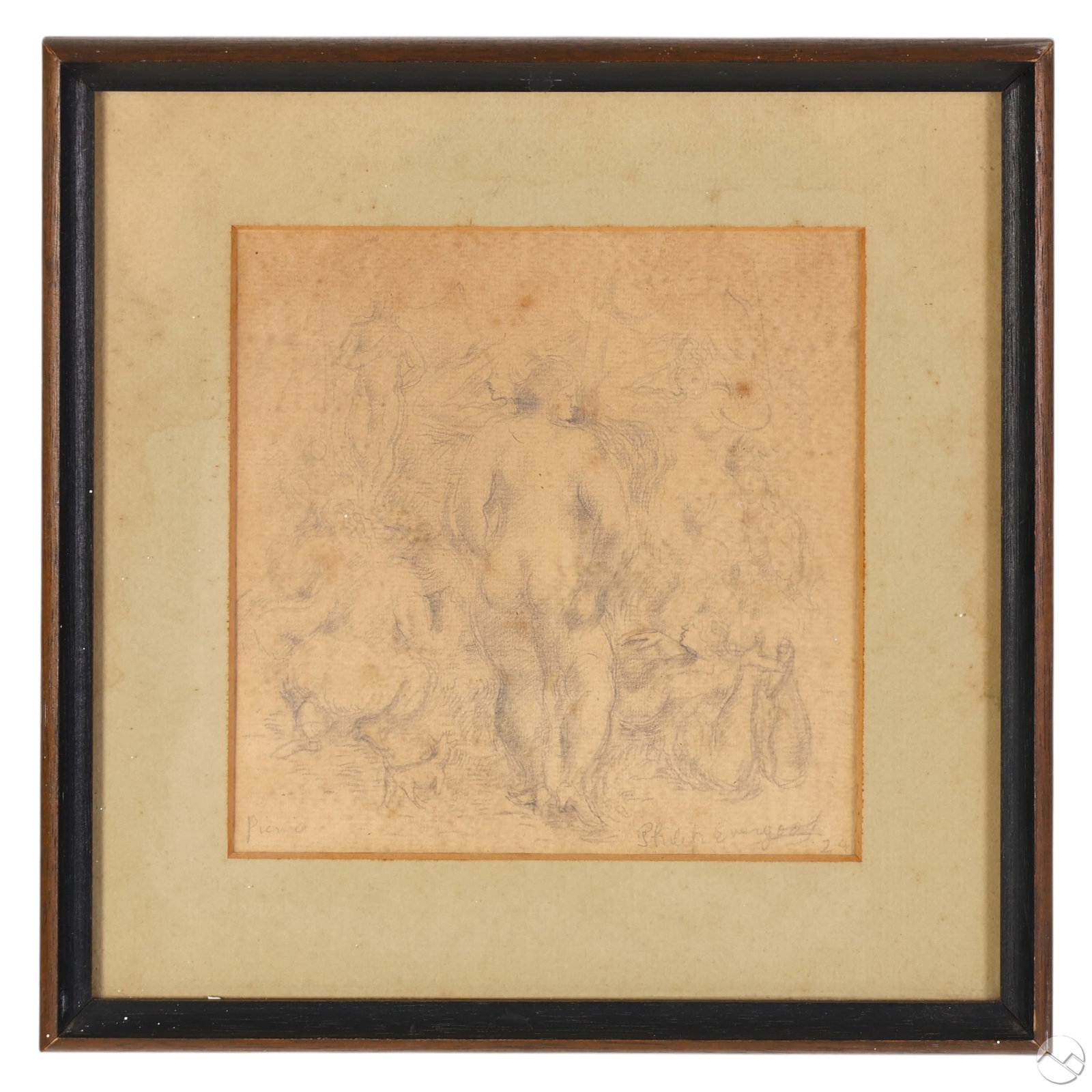 Philip Evergood 1901-1973 Nude Girls Study Drawing: Philip Howard (Blashki) Evergood (American, 1901-1973), original pencil drawing on paper depicting a group of nude female figures in a loosely suggested pastoral or mythological setting. Signed lower 