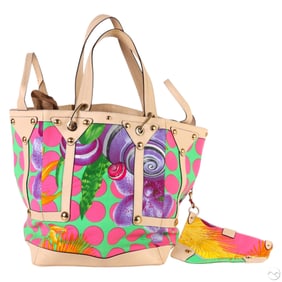 Versace Printed Canvas Leather Trim Bucket Tote