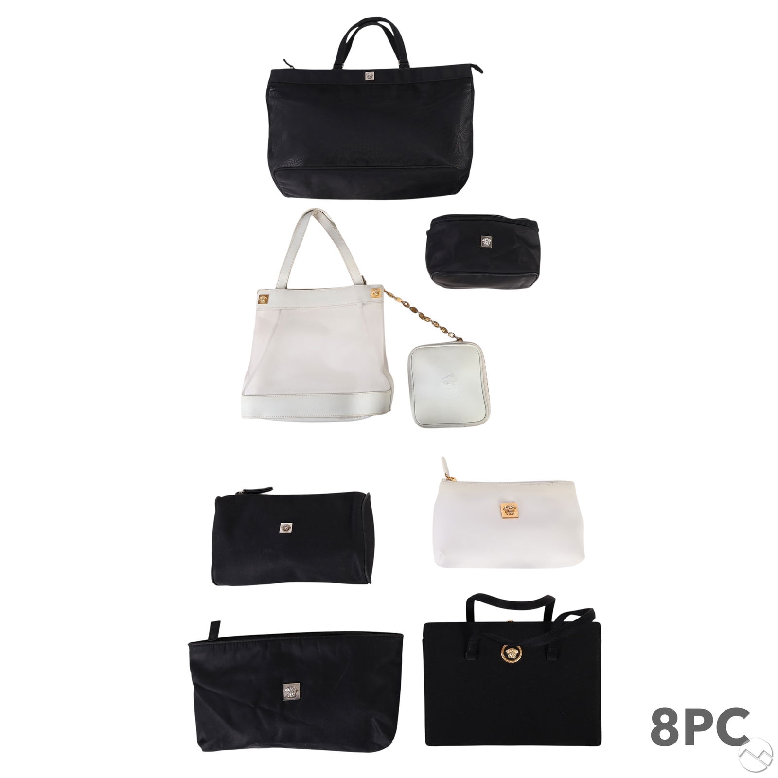 Versace Designer Bag Totes and Pouches 8pc LOT: Versace lot of eight vintage Italian bags in leather, silk, mesh, and nylon. Includes three white leather pieces: one structured mesh body bag with leather trim and gold tone Medusa plaques, one squar