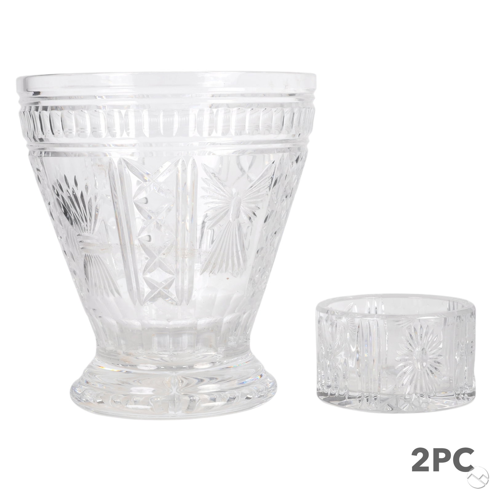 Waterford Millennium Champagne Bucket Wine Coaster: Waterford Irish cut crystal art glass barware Wine Bottle Coaster and Champagne Bucket from the Millennium series, introduced in 1996 and retired in 2006. Each adorned with five symbolic patterns : Ha