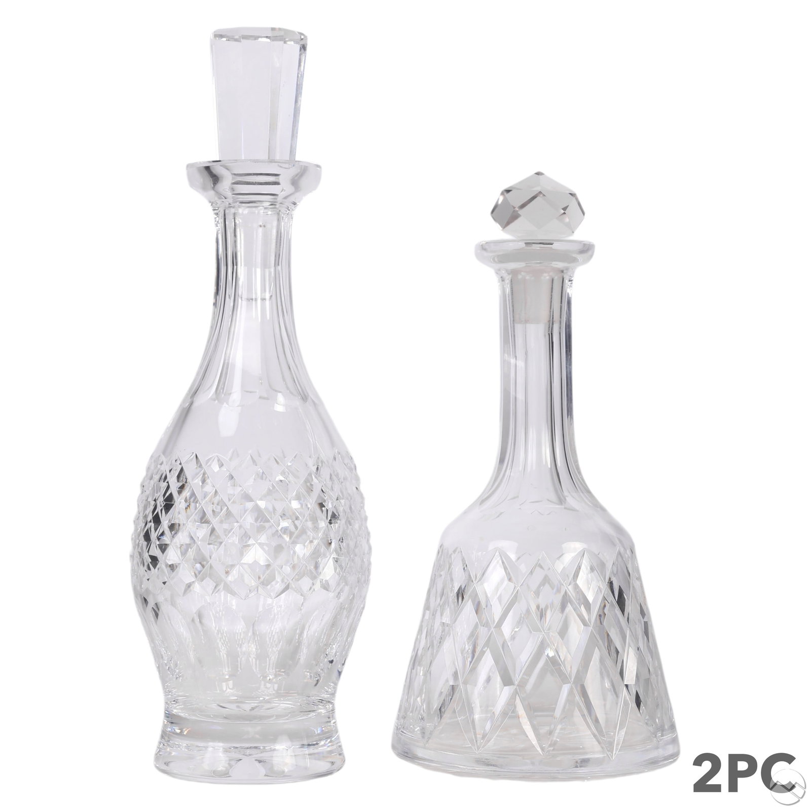 Waterford Crystal Colleen & Kinsale Decanters LOT: Waterford lot of two Irish cut crystal liquor wine decanters. Includes one Colleen pattern decanter (1968-2018) with long tapered neck above a bell shaped body featuring all over crisscross and thumbp