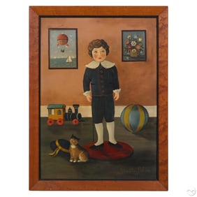 Martha Cahoon 1905-1999 Boy with Toy Folk Painting