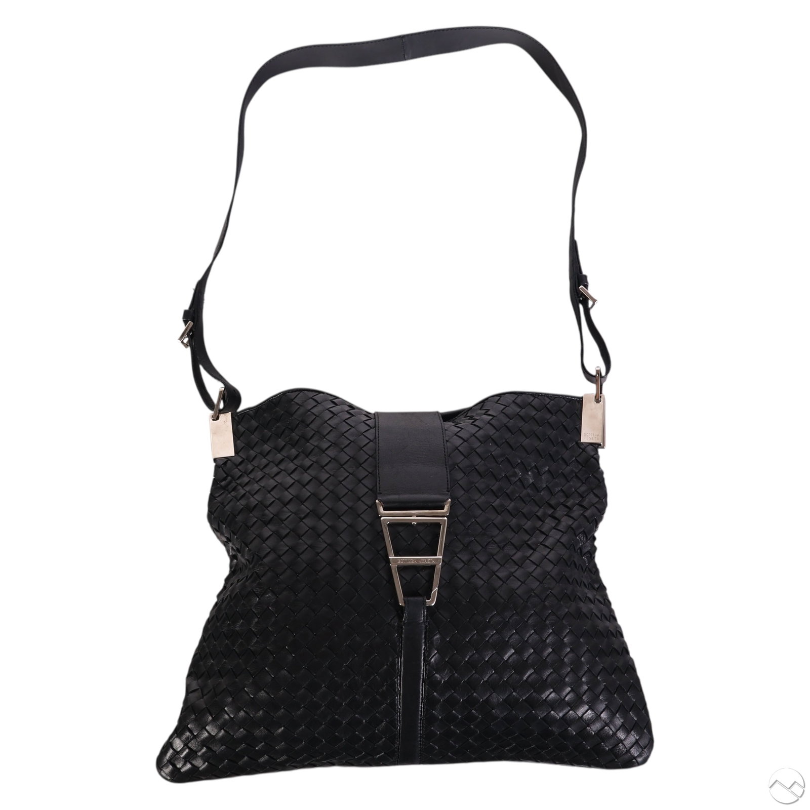 Bottega Veneta Black Intrecciato Woven Leather Bag: Bottega Veneta Italian luxury designer black leather shoulder bag purse featuring the signature Intrecciato weave. Designed with a wide central strap looped through a geometric silver-tone buckle, adj