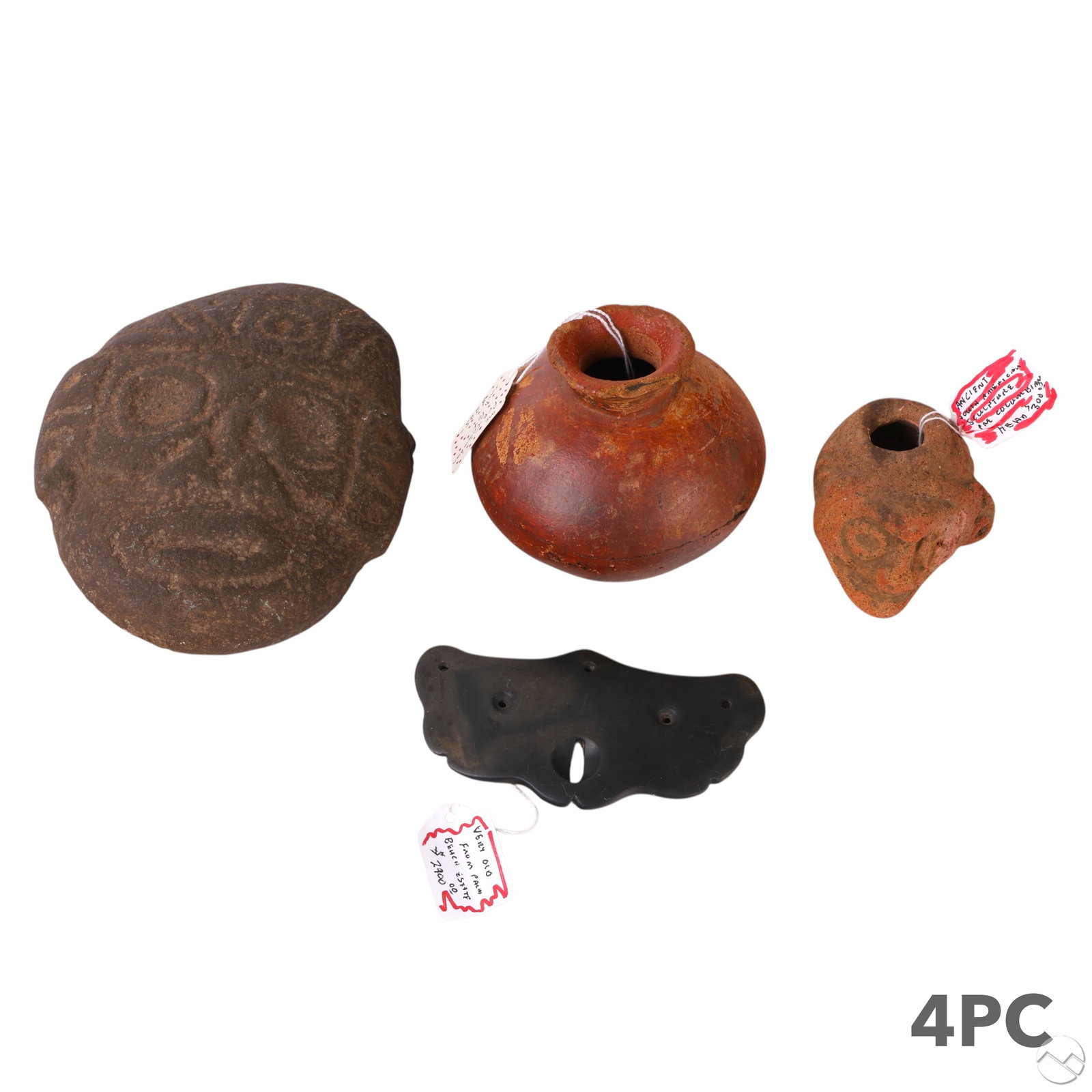 Pre-Columbian Pot & Carved Stone Artifacts 4pc LOT (1 of 9)