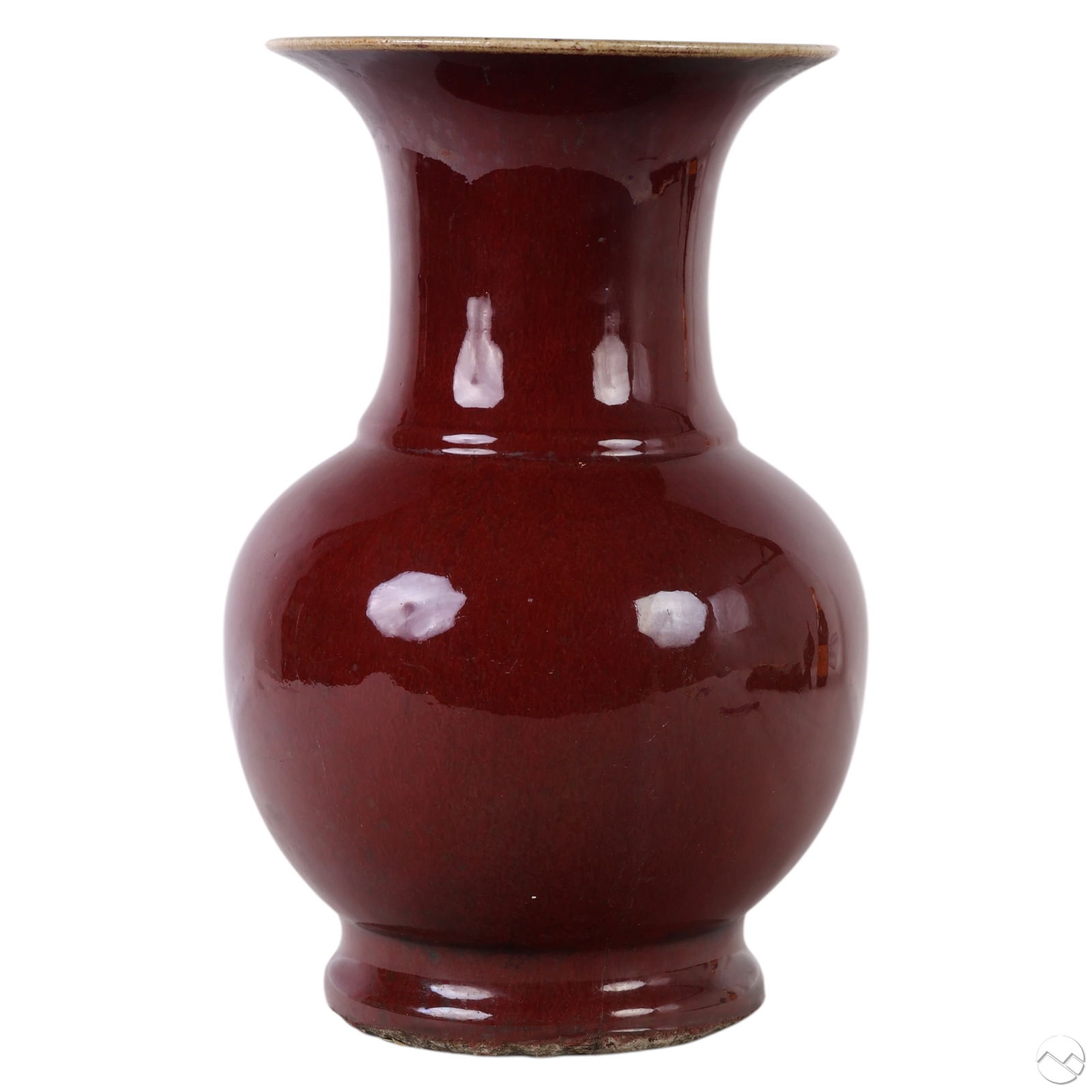 Chinese Antique Sang De Beouf 13" Porcelain Vase: Antique Chinese Sang de Boeuf porcelain vase featuring a flared rim over a rounded shoulder and tapering body, covered in a rich oxblood red glaze with subtle purple and blue tonal variations at the i