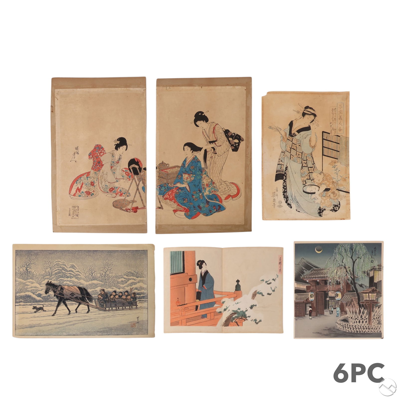 Japanese bijin-ga & Landscape Woodblock Prints LOT (1 of 8)