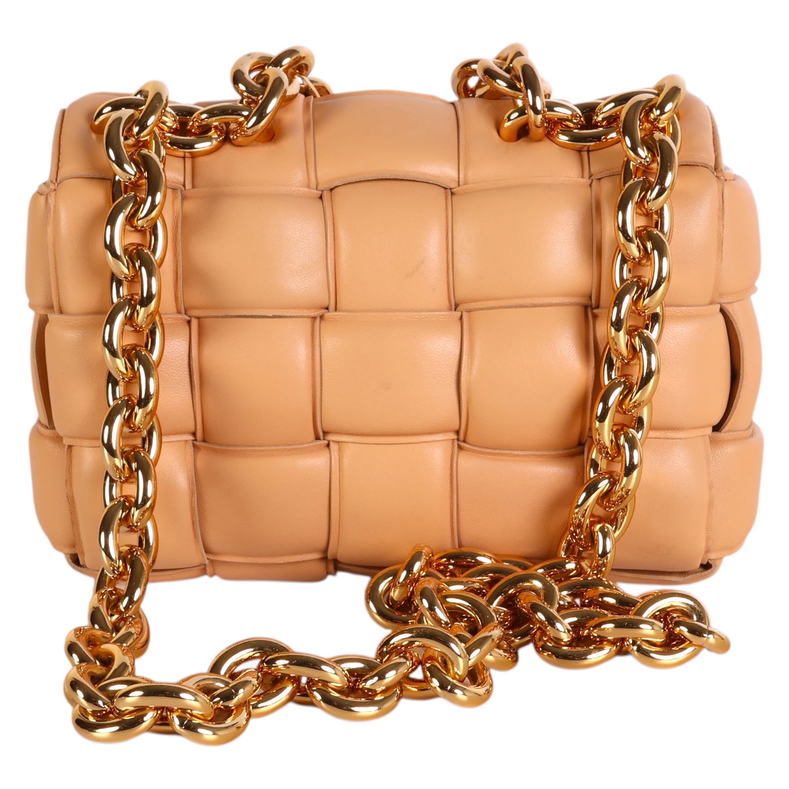 Bottega Veneta Chain Cassette Padded Leather Bag: Bottega Veneta Padded Cassette shoulder purse crafted in nude-tone lambskin leather with signature maxi-intrecciato weave. Features a 15" drop chunky gold-tone chain strap, magnetic flap closure, and