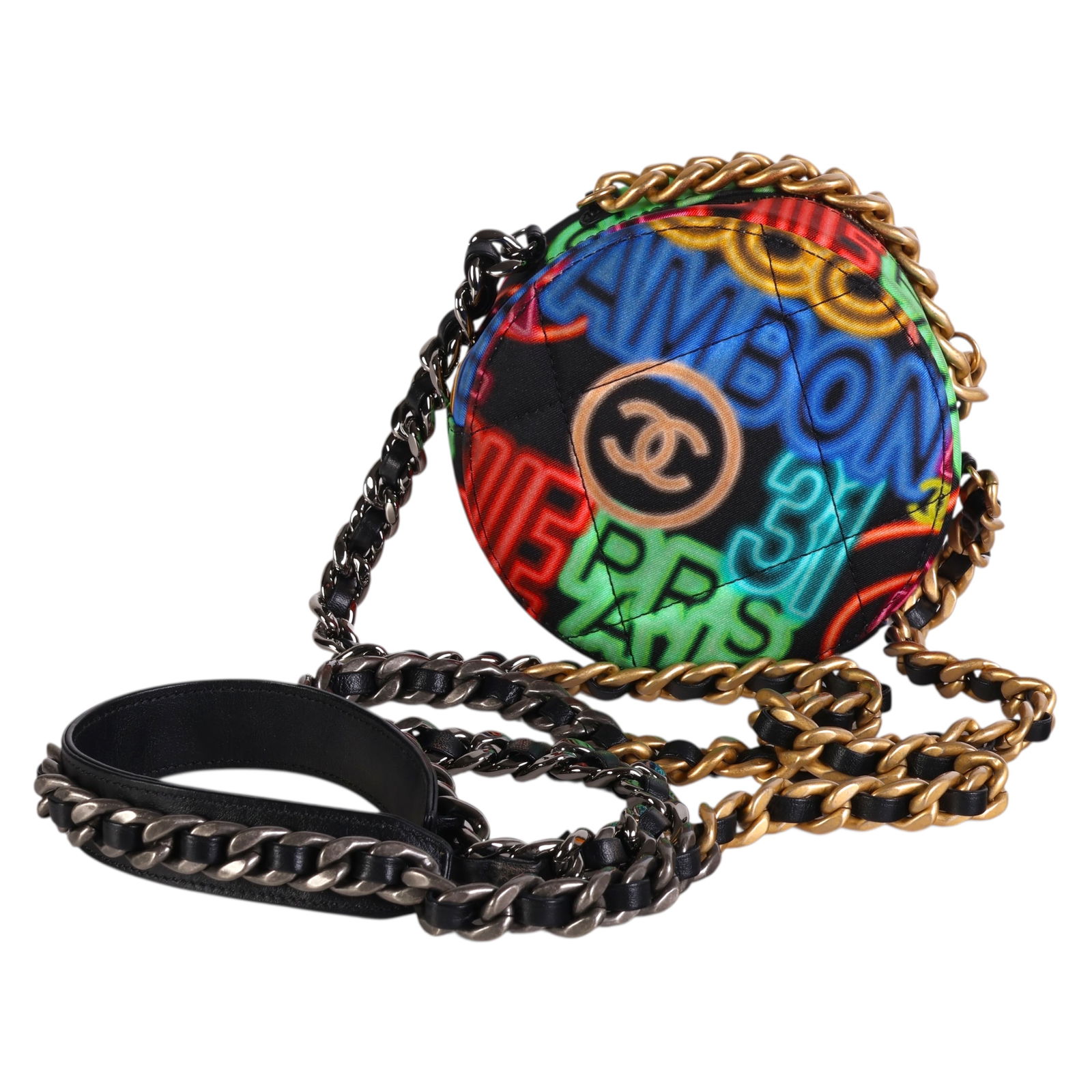 Chanel 19 Round Neon Fabric Chain Crossbody Bag: Chanel Paris authentic 19 round crossbody purse featuring a multicolor neon-style print on quilted fabric. The circular design is accented with a gold-tone interlocking CC logo and a dual-tone leather