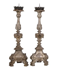 Pair of Antique Wooden Floor Pricket Candlesticks