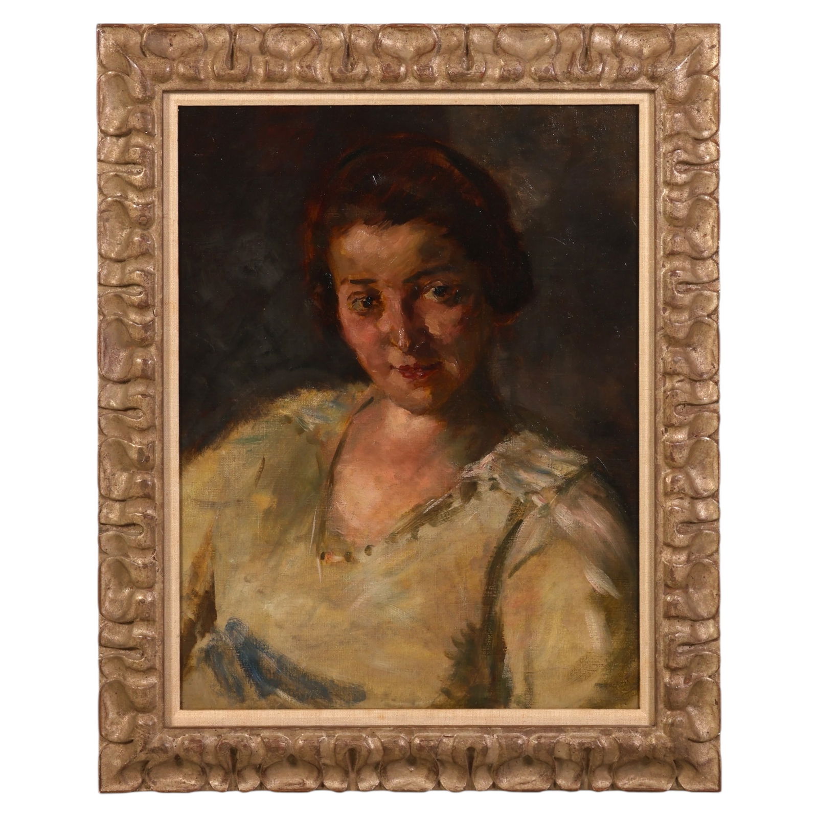 Edmund Pick Morino 1877-1958 Portrait Oil Painting: Edmund Pick Morino (Austrian, 1877-1958), antique oil on canvas portrait of a seated young woman, rendered with delicate brushwork and tonal shading. The sitter wears a pale blouse with blue accents a