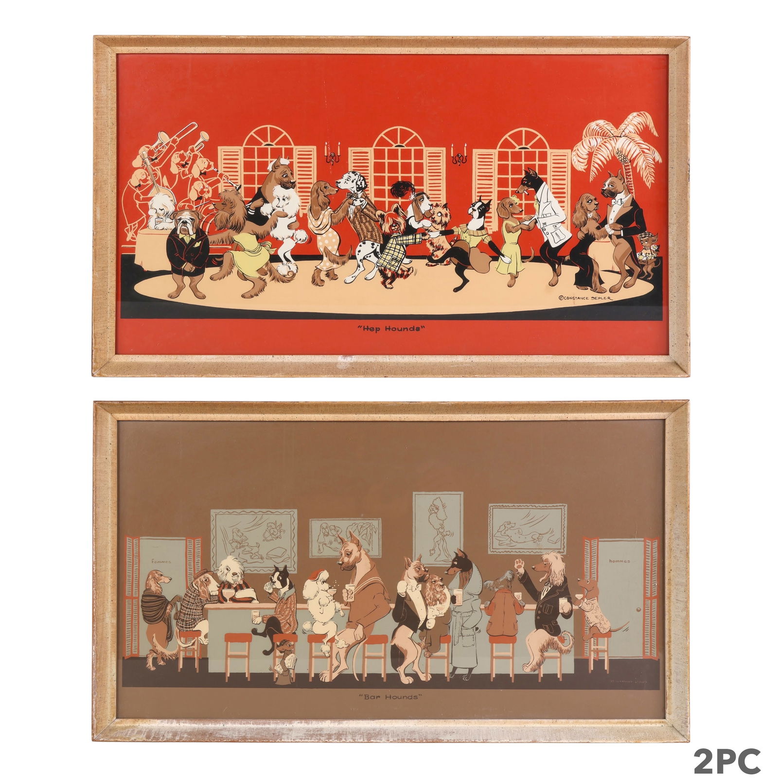 Constance Depler Retro Dog Bar & Hep Hound Prints: Vintage lot of two Constance Depler retro dog-themed prints titled Bar Hounds and Hep Hounds. These mid-century style illustrations depict anthropomorphic dogs in lively human settings, one in a jazz