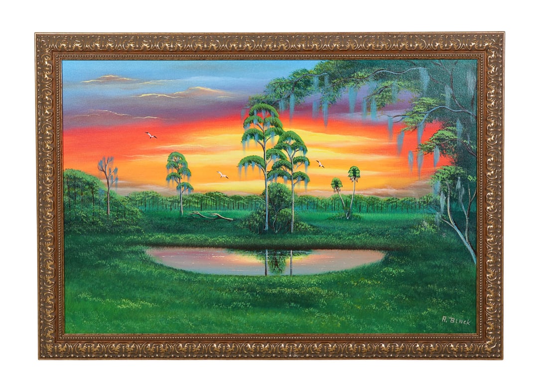 Al Black 1946-2025 Highwayman Fire Sky Painting: Al (Blood) Black (American, 1946-2025), original on canvas depicting a Florida sunset. The scene shows cypress and palm trees flanking a reflective pond, with birds in flight silhouetted against a bri