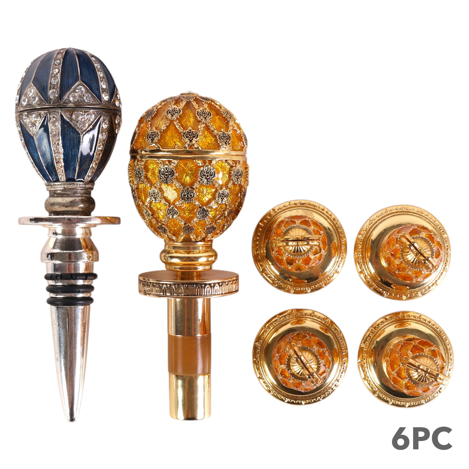 Faberge Enamel Place Card Holders & Wine Stoppers: Six-piece lot including four Faberge gilt metal and orange guilloche enameled place card holders in the form of miniature imperial eggs with bow-tied finials, each stamped FABERGE on the underside, an